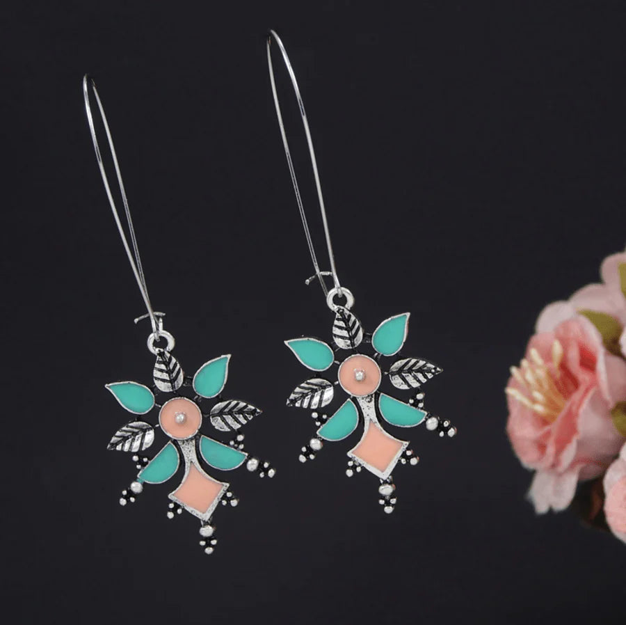 SF1012- Antique Silver Plated Dual Colour Hook Long Earring - Turquoise & Peach